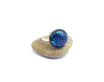 Kiln-fused ring in blue teal swirl and black dichroic glass/Handcrafted dichroic glass ring on silver band/Handmade fused glass ring