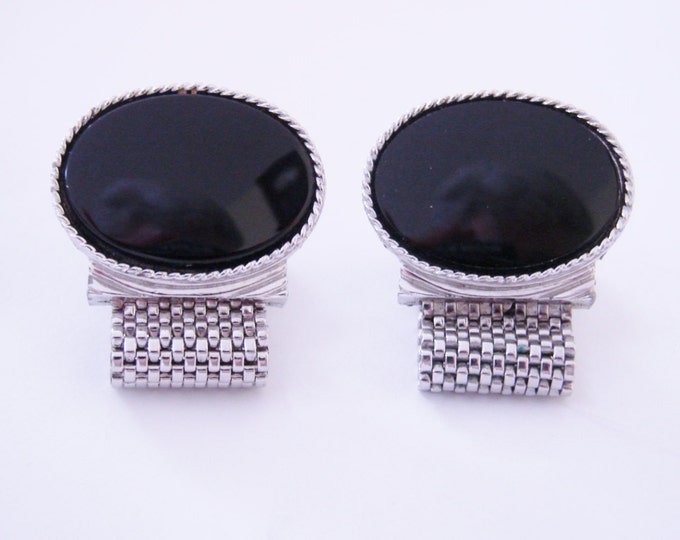 60s Retro Vintage Black Glass Silver Tone Mesh Wrap Cuff Links / Wedding / Mens Jewelry / Jewellery