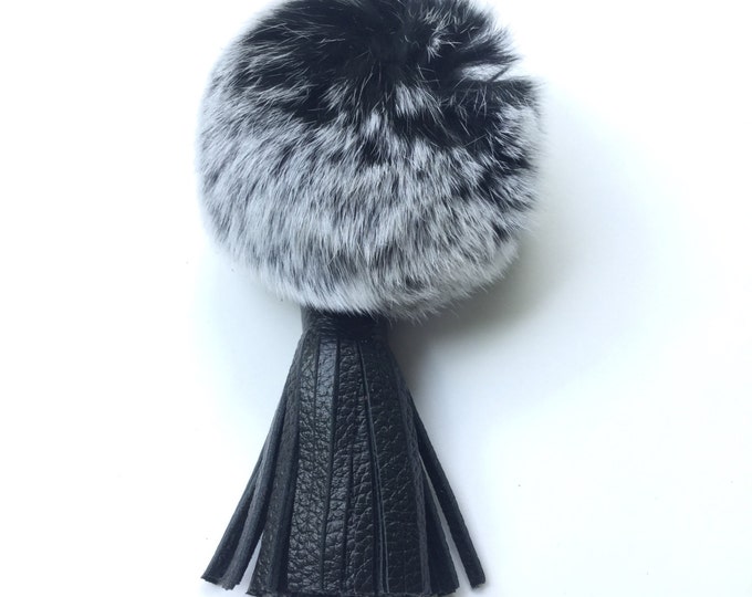 Black Frost Rex Rabbit Fur Pompon bag charm pendant Fur Pom Pom keychain with real leather tassel