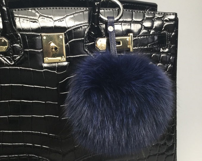 Navy Fox Fur Pom Pom luxury bag pendant with leather strap metal buckle key ring chain bag charm