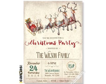 Christmas Santa Claus Invitation, Holiday Party Invitation, Christmas Invitation, Rustic Festive Holiday Party, Santa Reindeer Invitation 71