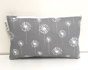 Zipper Wet Bag small size. Dandelions in grey and white. PUL waterproof lining. Natural Girl modern cloth pads