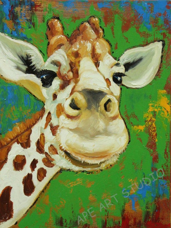 Smiling giraffe oil painting on canvasafrican wall by ApeArtStudio