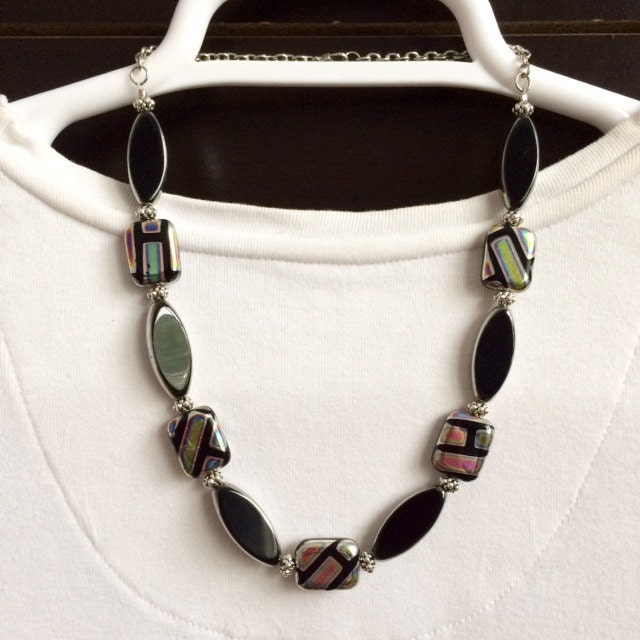 Glass Bead Necklace Set Black Silver by BarbsBeadedJewelry on Etsy