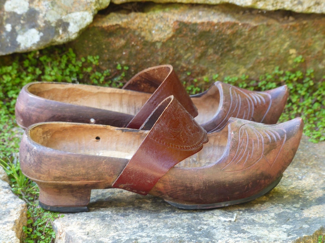 Antique french wooden clogs. Hand carved shoes. Vintage