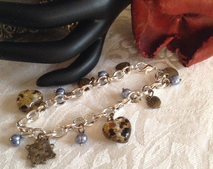 Fresh Water Pearl/Hearts Charm Bracelet...Sterling Silver Plated Link Bracelet