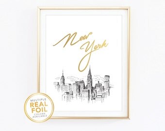 Gold foil Print, New York City Skyline, New York Sketch, United States, Real Foil Print, Silver foil, Home Decor, Wall Art, Gallery Art
