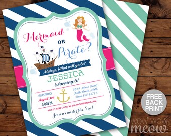 Pirate or Mermaid Invitations Birthday Nautical ANY age Captain Invites Girl Boy Sailor Twins Sea Party INSTANT DOWNLOAD Editable Printable