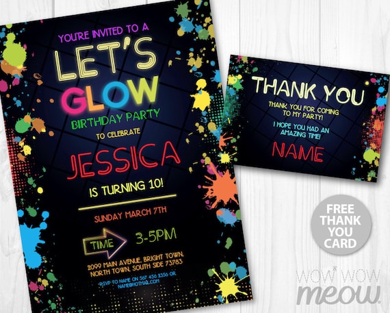 NEON Let's Glow Party Invite Invitation Birthday Any Age