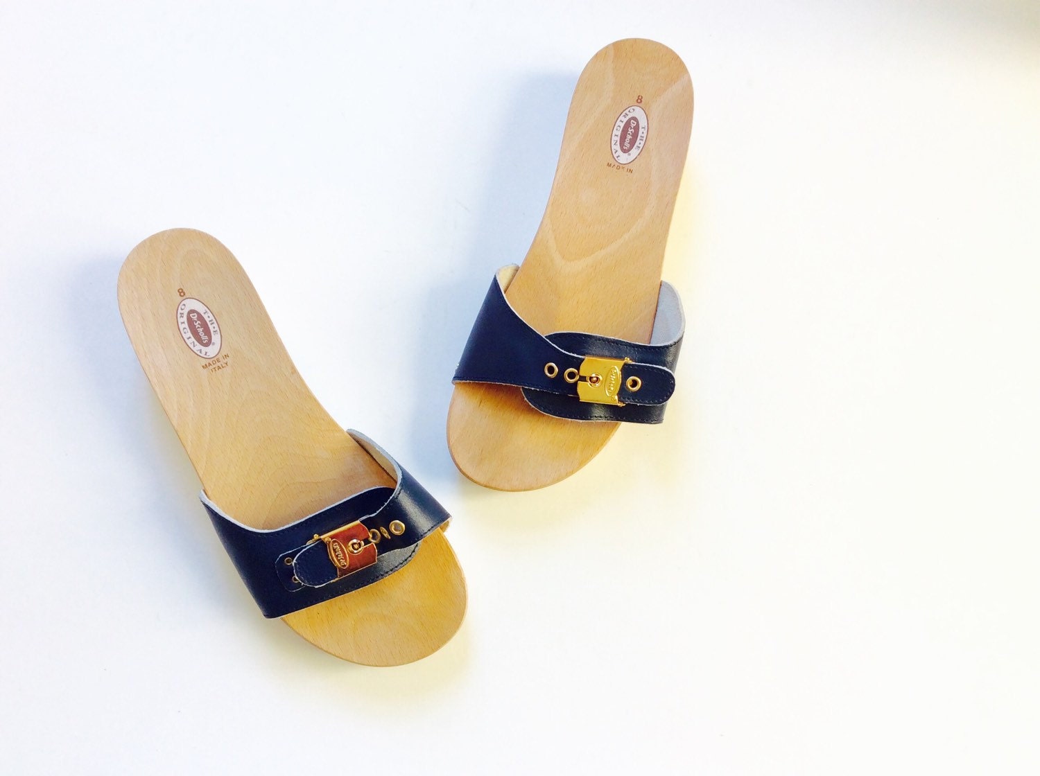 Vintage leather Dr. Scholls open toe wooden clog sandals flat