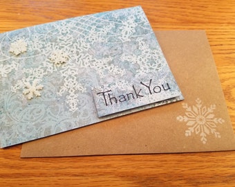 Thank You Notes, Winter, Snowflake, Pale Blue and White, Set of 3 Notes, Winter Themed, Glitter, Kraftpaper, Blank Notes, Hand Stamped