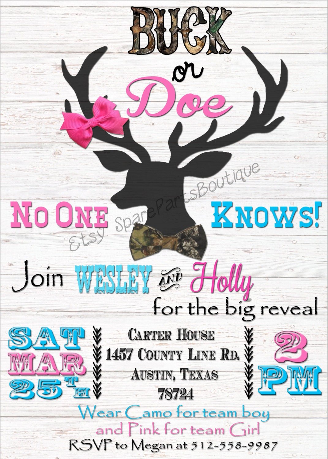 Buck or Doe Gender Reveal Printable Invite by SparePartsBoutique