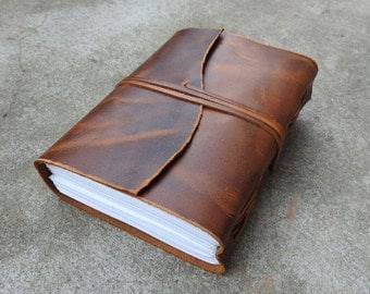 Vintage Genuine Crazy-Horse Leather Journal (Handmade) - Leather Cord Coptic Bound and leather tie closure