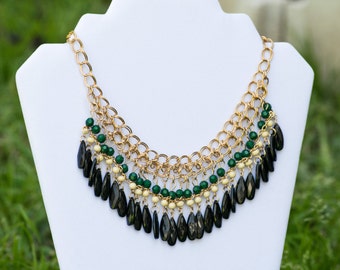 Bib Necklace, Choker Chunky Necklace, Gold Stainless Steel Chain, Boho Style Necklace, Green Tier Necklace, Black Tier Necklace