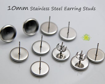 10mm Stainless Steel Earrings Studs-Earring Posts-10mm Round Bezel Earring Blank Studs-Bezel Cabochon Setting-10 mm earring stud-Choose Qty