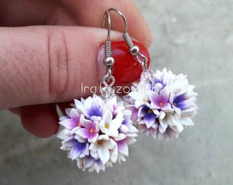 Ball earrings, Lilac flowers, hand made, polymer clay, syringa