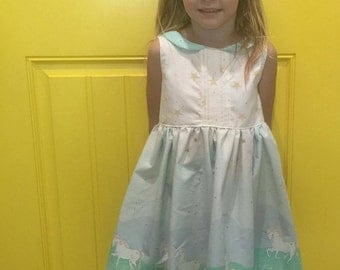 Toddlers Girls Dress Pintuck Bodice and Scooped Back Unicorn Parade Fabric