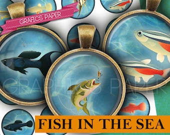 Fish Images Fishing Digital Collage Sheet 1 inch, 1.5", 1.25", 30mm circles printable magnet stickers craft, Images pendant, cabochon- td375