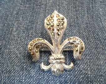 Vintage Silver and Marcasite Fleur De Lis Brooch