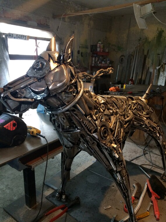 Metal dog statue made of scrap metal. Life by AtelierIslandArt
