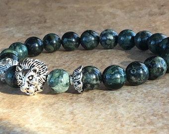 Mens Lion Bracelet,Green Lion Bracelet,Rhyolite Gemstone,Male Jewelry, Leo Lion Bracelet,Silver Lion Head,Lion King Gemstone,Gift for Him