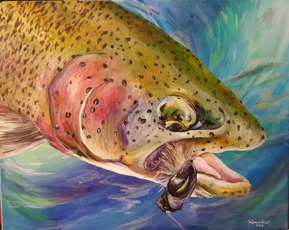 Got'em Hooked Rainbow trout acrylic painting on 16x20
