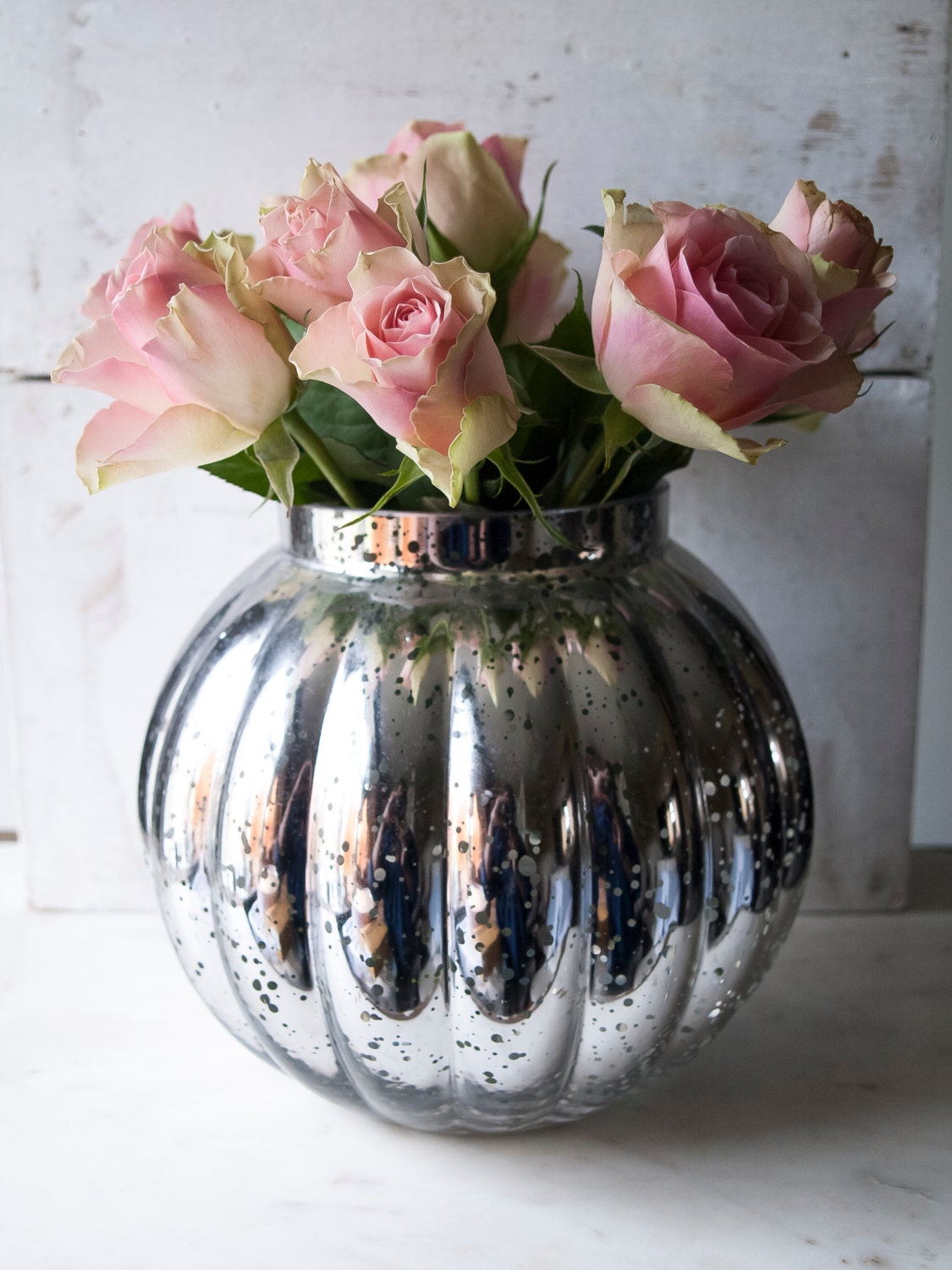 Silver Mercury Ribbed Oval Glass Vase Antique Style Flower