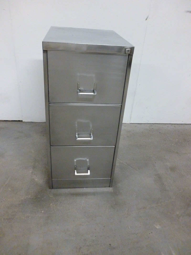 Vintage industrial 1960’s polished steel 3 drawer filing with key (SR076) Haute Juice