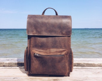 Handmade BROWN LEATHER Backpack / Rucksack on Snap buttons from cowhide leather/ Simple brown leather Hipster backpack with one front pocket