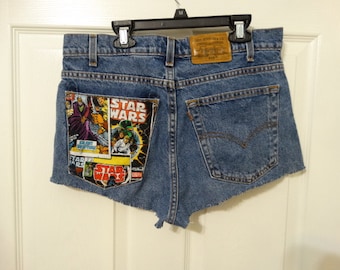 upcycled Levi's denim short, waist 32, Star Wars patch, star wars fan, blue, black,yellow, red, white, short length