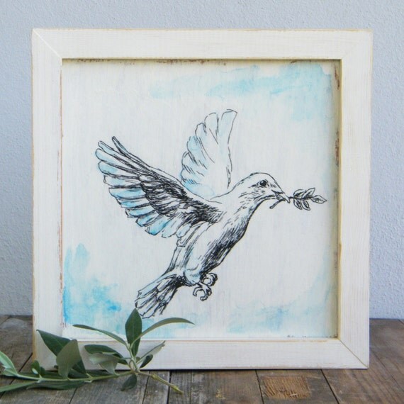 Framed picture White dove sketch Print on wood Biblical