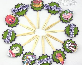 shopkins cupcake toppers | 12 pack | green | bamboo cocktail forks | inspired by wishes poppy corn soda pop d'lish donut kookie cookie