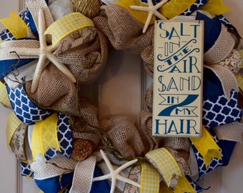 Nautical Navy and Yellow Burlap and Mesh Wreath; Beach Wreath; Shore Wreath; Beach House Wreath; Shore House Wreath; Summer Wreath