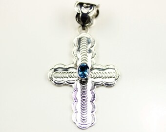 Native American Indian Jewelry Handmade Sterling Silver Blue Topaz Cross Pendant