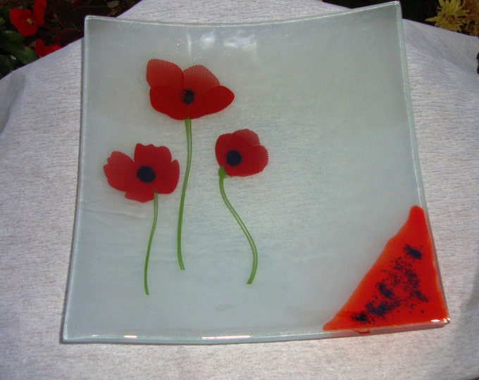 Vintage 90's Poppies Handmade Fused Glass Plate, Serving Platter, Decorative Plate, Fused Glass Dish, Fused Glass Tray