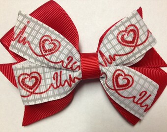 4" I love you heart red white hair bow clip birthday party favor pinwheel baby toddler teen Valentine's Day EKG heart monitor nurse glitter