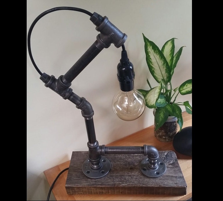 Black Iron Pipe Edison Bulb Reclaimed Wood Base Table Lamp
