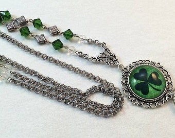 Irish Shamrock Lanyard, St. Patrick's Day, Beaded Lanyard, Silver Chain Lanyard, Lanyard ID Holder, Badge Holder, Breakaway option)