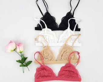LACE BRALETTE Triangle Bra Floral Sheer Bralettes Bras Bustier crop top unpadded Mesh Lined A B C lace triangle bralette scallop bralette