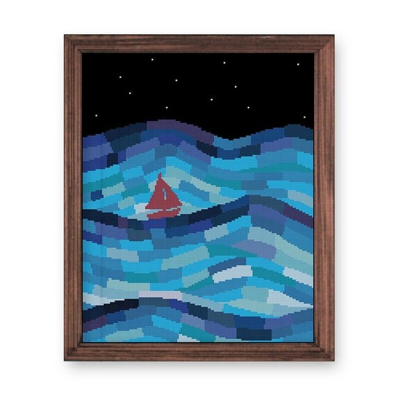 Sailboat in Night Ocean cross stitch pattern Modern art 