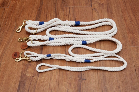 Natural White Dog Leash - Navy Blue Hemp Twine