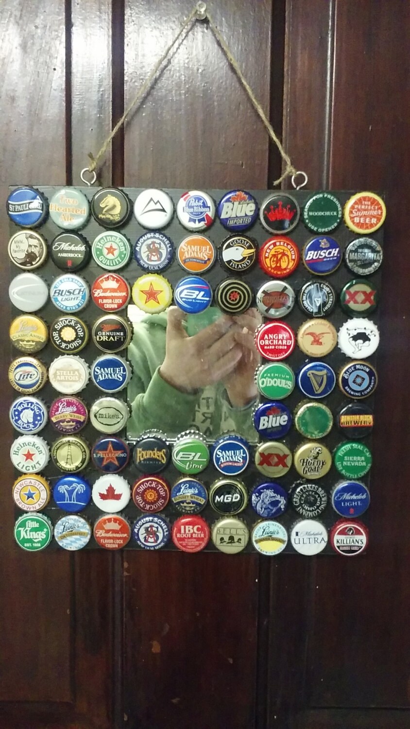 Bottle cap mirror. 72 different caps...no two alike.