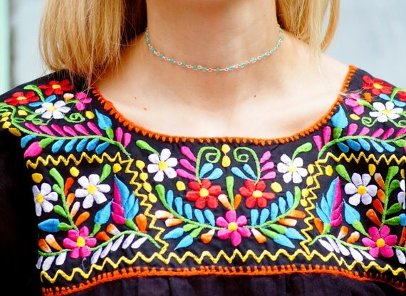 Embroidery mexican Blouse black Boho top Folk Fabric