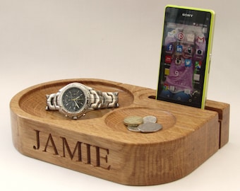 Mobile phone stand and charging station with watch stand option - ideal personalised gift for him -