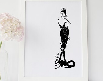 Fashion Sketch Print, Vanity Wall Art, Fashion Illustration Poster, Model In Black Dress, Vouge Chanel Print, Feminine Wall Decor, Girly Art