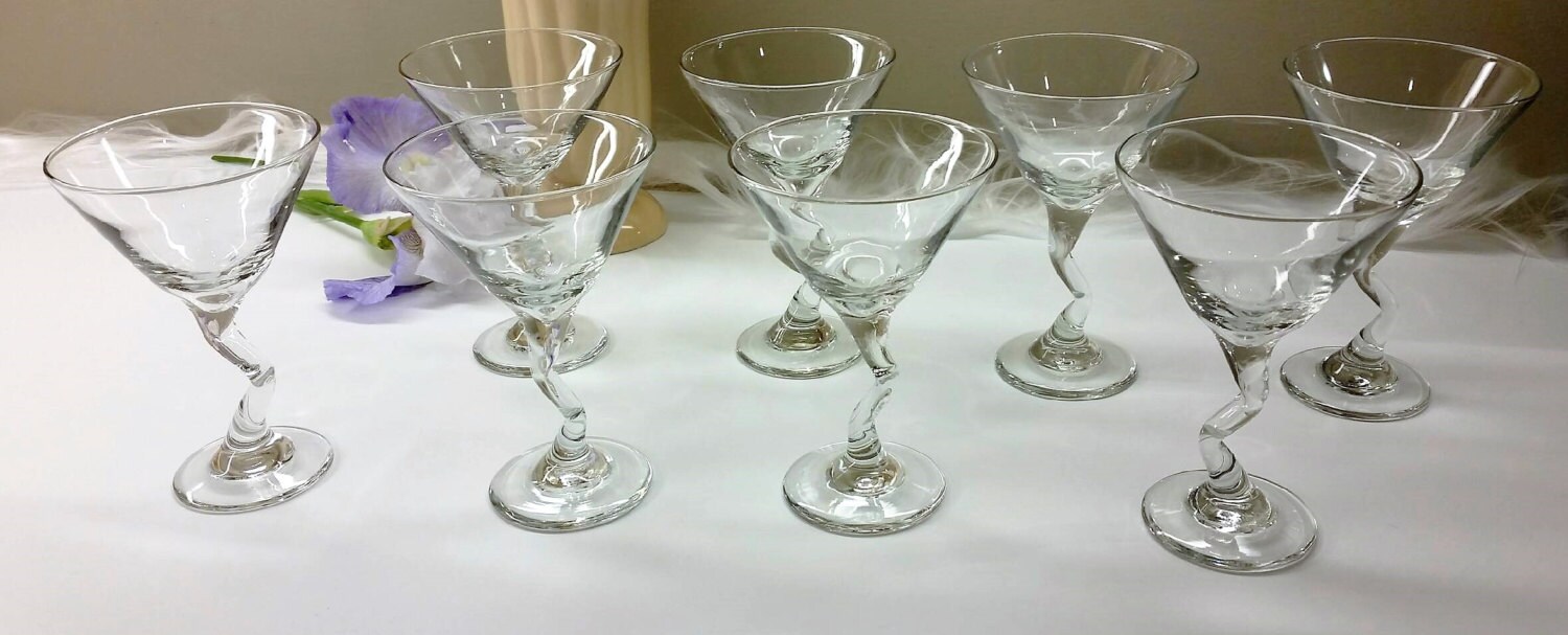 LIBBEY CROOKED STEM Martini Glasses Set of 8 Vintage Circa