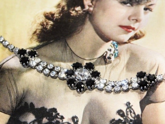 Rhinestone Bracelet Mid Century Vintage Hollywood Classic Black Glass Rhinestone Crystal Formal Evening Wedding Party Dainty Floral Flower