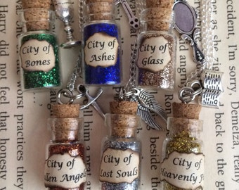 City of Bones , Ashes , Glass Bottle Necklace / Pendant / Bookmark / Earrings / Decoration / Keyring inspired by The Mortal Instruments