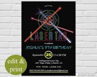 Laser Tag Birthday Party Invitation | Laser Tag Invitation, Laser Tag Party, Neon Invitation, Neon Chalkboard, Laser Theme, Lazer Tag