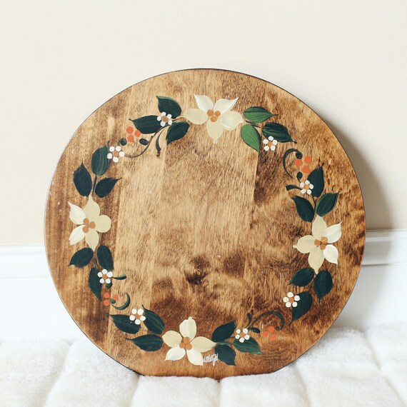 Wooden Floral Lazy Susan Hand Painted Floral Lazy Susan